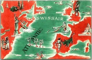 Vintage Swissair Aviation Advertising Postcard Map - Eastern U.  S.  / Europe 1950s
