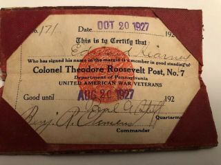 Vintage Colonel Theodore Roosevelt Post,  No.  7 1927 War Veterans Card