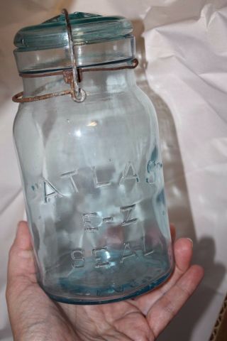 2 Vtg Atlas Aqua E - Z Seal Mason Quart Jars W/lids Canning - One Has A Long A