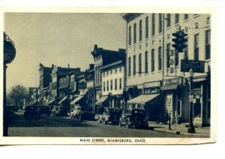 Main Street Scene - Downtown Stores - Old Cars - Miamisburg - Ohio - Vintage B/w Postcard