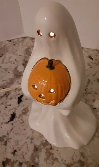 Vtg Millie Ceramic Ghost With Pumpkin Halloween Decor Lighted Lamp