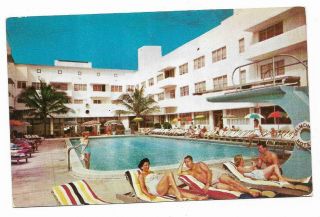 Vintage Florida Chrome Postcard Miami Beach Delmonico Hotel Pool Cheesecakes