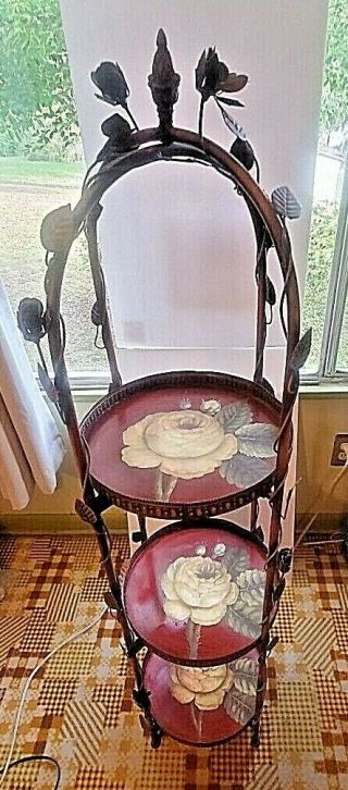 Vintage Handpainted 3 Tier Unit Round Shelf Camellia Tray Folds Up Victorian