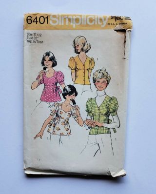 Vintage 1974 Simplicity Sewing Pattern 6401 Young Junior/teen Top In Sizes 11/1