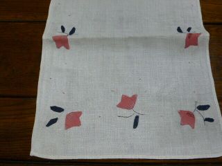 Vintage Shabby Linen Table Runner Dresser Scarf Embroidered Applique 43 X 14 "