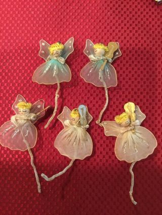 5 Vintage Spun Cotton Angel Pipe Cleaner Christmas Ornaments Japan C90