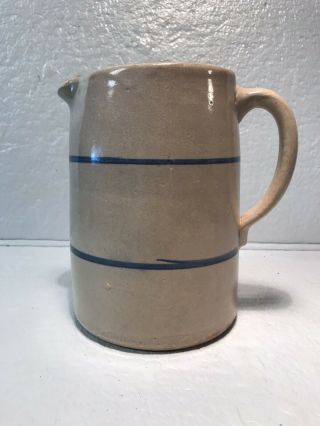 Vintage Stoneware Pitcher Pottery Crock With Blue Stripes Primitive Country