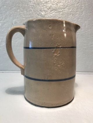 Vintage Stoneware Pitcher Pottery Crock With Blue Stripes Primitive Country 3