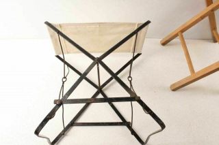 3 Vintage Folding Camping Camp Stools Wood & Metal Canvas Seats 2