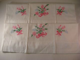 Vintage Hand Embroidered Pillowcases Set Of 2 Pink Flower Bouquet 18 " X 24 "