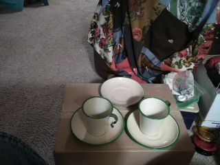 2 Vintage Enamel Wear Cups And 3 Saucers Cream W/ Green Trim