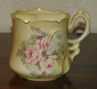 Vintage Porcelain Shaving Mug By Brandenburg - Pink Roses With 3 - Hole Soap Drain