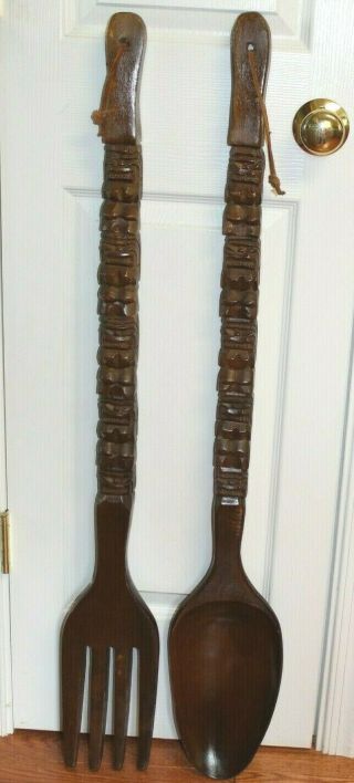 Vintage Hand Carved 41.  25 " Wooden Spoon And Fork Wall Decor Totem
