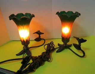 Set Of 2 Vintage Hummingbird Gold Green Glass Table Lamps Night Lights 8 " Tall