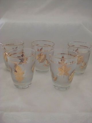 5 Vintage Libby Gold Leaf Frosted Shot Glasses Mid Century Modern Funky