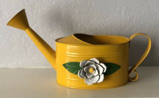 Vtg Teleflora Yellow Galvanized Watering Can Planter With 3d White Metal Flower