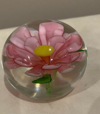 Vintage Hand Made Art Glass Paperweight Pink - Yellow Flower Floating 3”