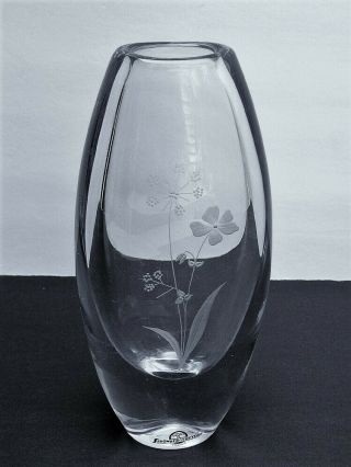 Vintage Strombergshyttan Sweden 8 " Art Glass Vase W/ Etched Wildflowers