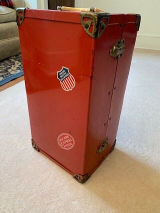 Vintage Red Metal Doll Trunk With Stickers