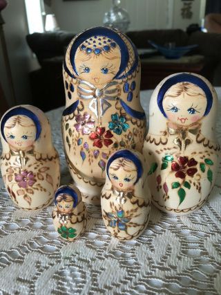 Vintage Russian Nesting Dolls Hand Painted Art Signed Wooden Flowers Blue Eyes 5
