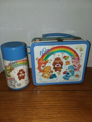 Vintage Aladdin Care Bears Metal Lunch Box Rainbow And Thermos 1983 Blue