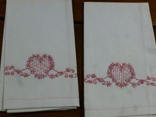 Vintage Hand Embroidered Beige Linen Hand Tea Guest Towel Pair Pink Hearts