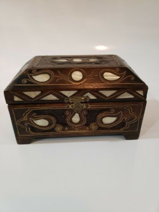 Vintage Wooden Trinket/jewelry Box With Inlaid Mother Of Pearl