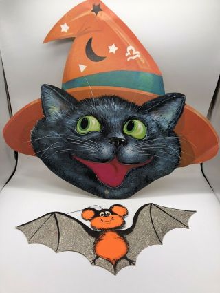 Vintage Hard To Find Black Cat In Hat And Bat Halloween Die Cut Decoration