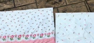 (2) Vintage White Cotton Pillowcases W/ Pink Roses - Standard Size