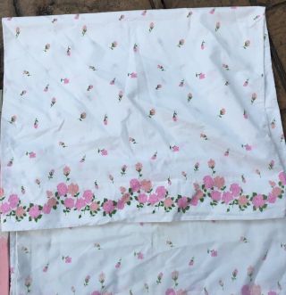 (2) vintage white cotton pillowcases w/ pink roses - Standard Size 3