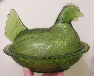 Vintage Indiana Green Glass Hen On Nest Covered Candy Dish W/lid,  No Chip/breaks