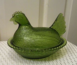 Vintage Indiana Green Glass Hen on Nest Covered Candy Dish w/Lid,  no chip/breaks 2