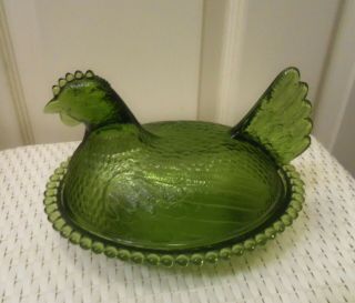 Vintage Indiana Green Glass Hen on Nest Covered Candy Dish w/Lid,  no chip/breaks 3