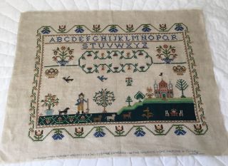 Vintage Cross Stitch Embroidery Sampler,  Abc’s,  House,  Tree,  Flowers,  Paragon