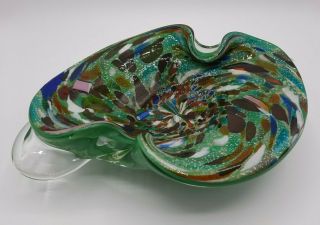 Vintage Mid Century Murano Art Glass Tutti Frutti Clear Green Cased Bowl Ashtray