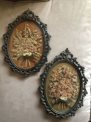 Italy 2 Vintage Flowers Floral Ornate Oval Convex Glass Picture Frames Metal