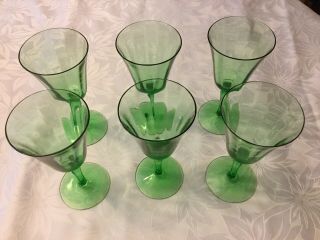 6 Vintage Green Depression Glass 7 1/2” Stemware