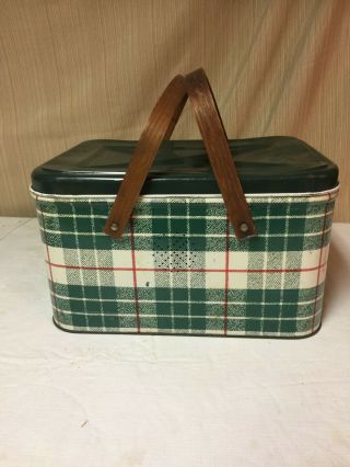 Vintage Green & Red Plaid " Nc / Colorware " Metal Picnic Basket W/wood Handles
