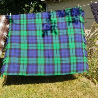Vintage Connemara Wool Irish Blanket Throw Fringe Blue Green Plaid 69 X 60