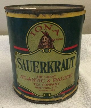 Vintage Iona Brand Atlantic Pacific Tea Company Sauerkraut Advertising Tin Can
