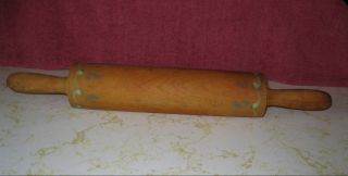 Vintage Wooden Rolling Pin With Wooden Handles And Painted Design On Barrel