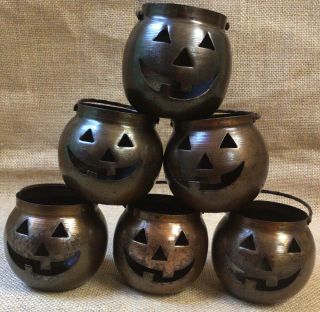 6 Hosley Vtg.  Metal Halloween Tea Light Jack O Lanterns Usa Patent No Des412369