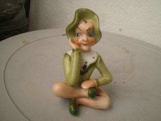 Vintage Ceramic Green Pixie Elf Figurine Occupied Japan Sitting