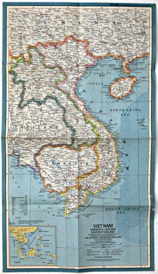 ⫸ 1965 - 1 Vintage Map Vietnam Cambodia Laos Thailand National Geographic