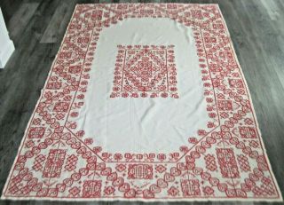 Stunning Vintage Linen Tablecloth W/raised Hand Stitched Red Embroidered Design