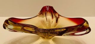 Atomic Vintage Murano Art Glass Dish Bowl - Red & Amber Glass - Italian Mcm