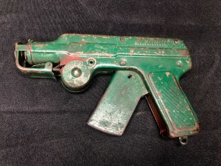 Vintage Large Green Pressed Steel Paper Popper Space Ray Gun Pistol