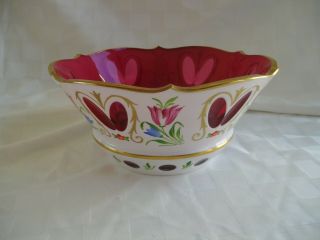 Vintage Bohemian Czech Moser Glass Bowl White Cased Overlay Cranberry Glass