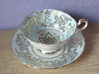 Vintage Paragon Queen Elizabeth Coronation blue gold pink rose tea cup teacup 2