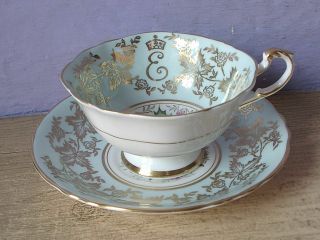 Vintage Paragon Queen Elizabeth Coronation blue gold pink rose tea cup teacup 3